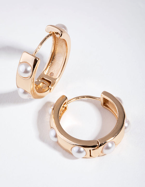 Gold Thick Pearl Huggie Earrings