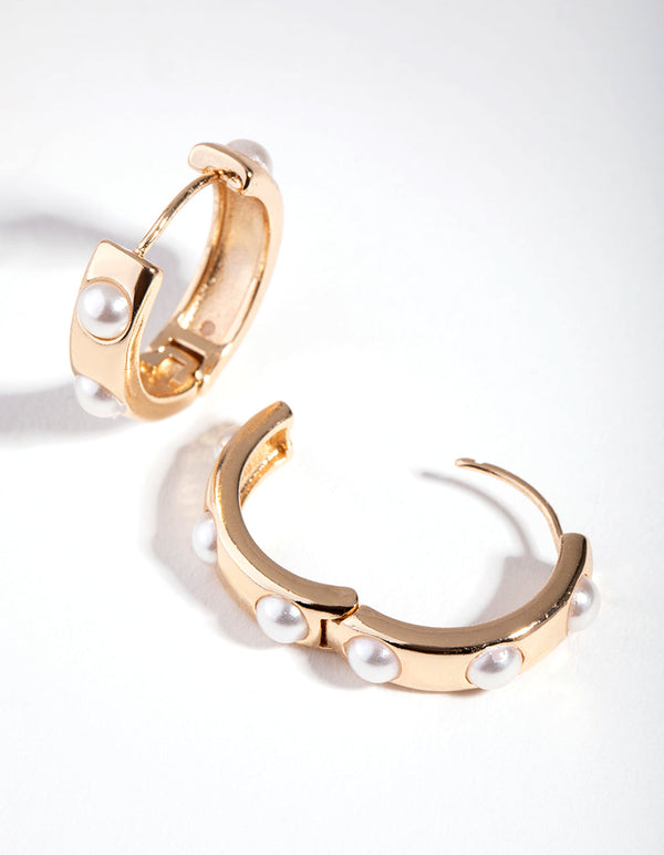 Gold Thick Pearl Huggie Earrings