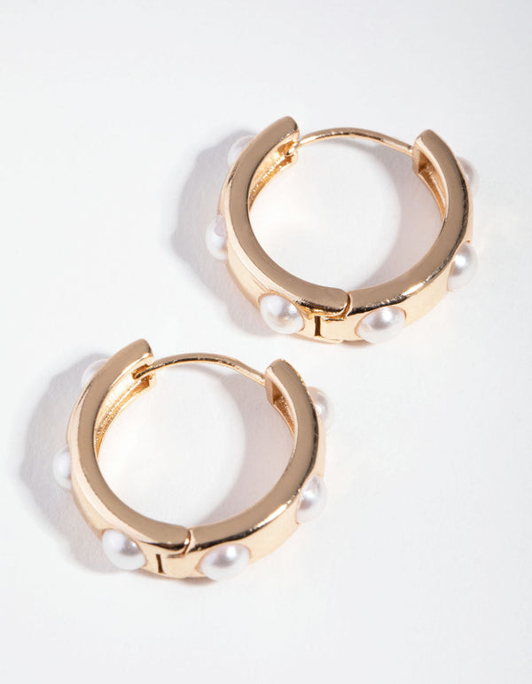 Gold Thick Pearl Huggie Earrings