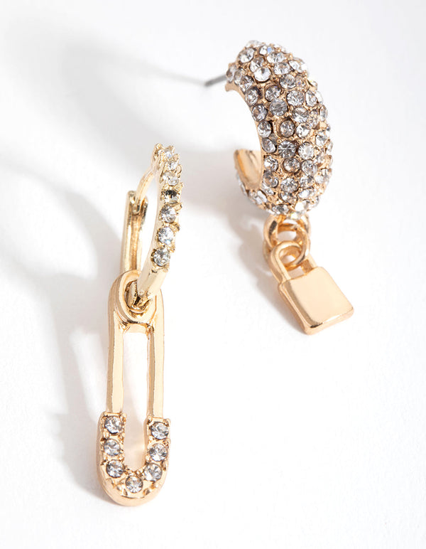 Gold Asymmetrical Safety Pin Huggie Earrings