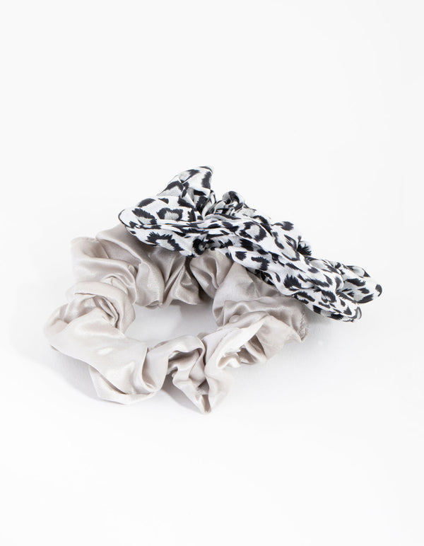 Grey and Leopard Silk Scrunchie 2-Pack