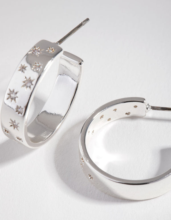 Real Silver Plated Diamante Star Hoop Earrings