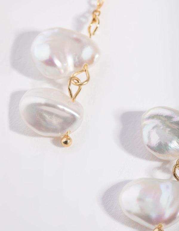 Real Gold Plated Double Freshwater Pearl Long Drop Earrings