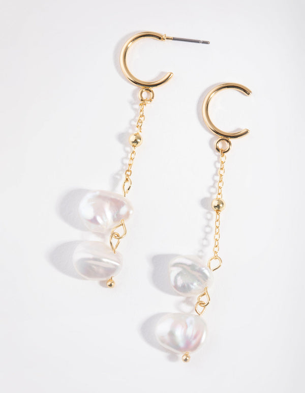 Real Gold Plated Double Freshwater Pearl Long Drop Earrings