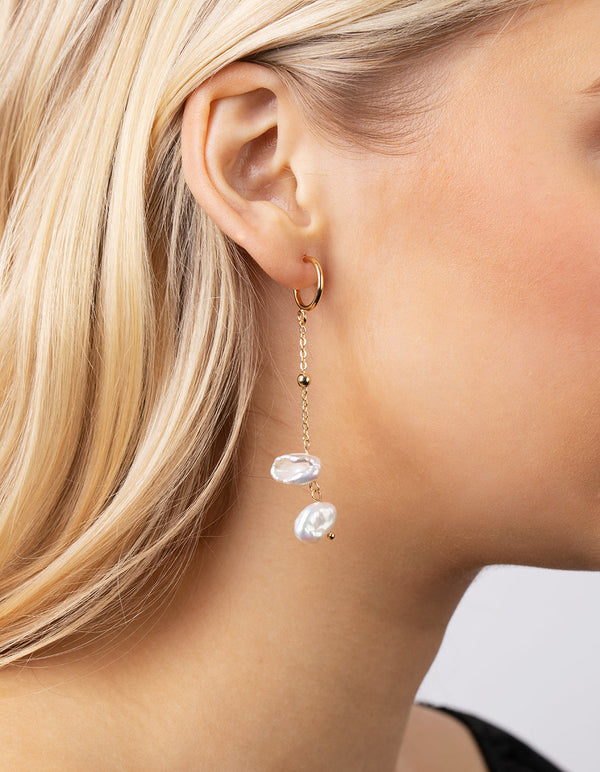 Real Gold Plated Double Freshwater Pearl Long Drop Earrings