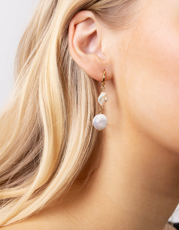 Real Gold Plated Multi Freshwater Pearl Huggie Earrings