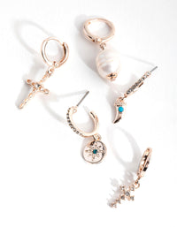 Real Rose Gold Plated Freshwater Pearl and Cross Curated Earring Pack - link has visual effect only