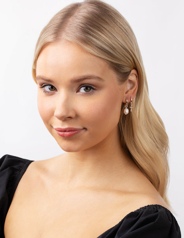 Real Rose Gold Plated Freshwater Pearl and Cross Curated Earring Pack