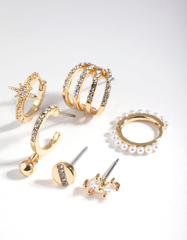 Real Gold Plated Diamante and Freshwater Pearl Huggie Earring Pack