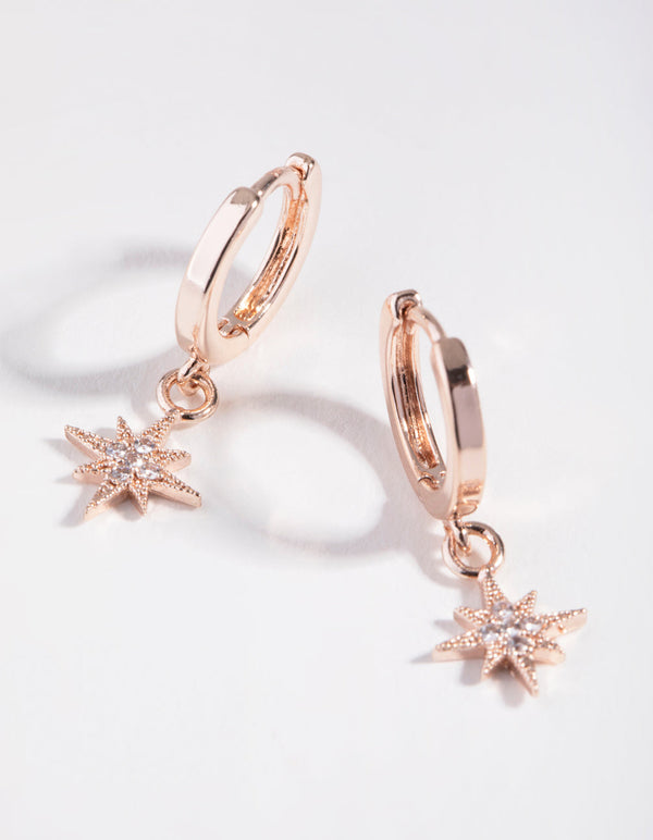Real Rose Gold Plated Diamante Star Huggie Earrings