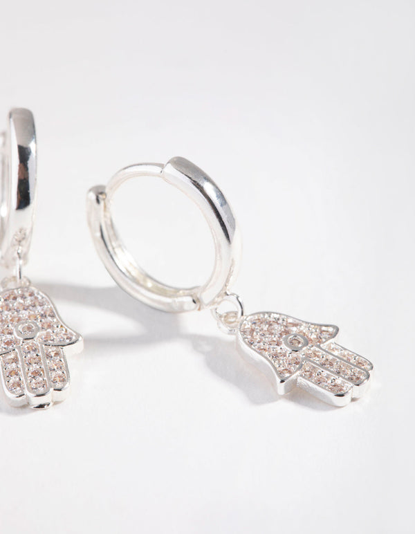 Real Silver Plated Diamante Hamsa Huggie Earrings