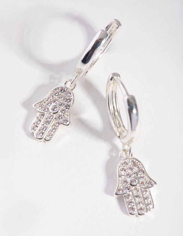 Real Silver Plated Diamante Hamsa Huggie Earrings