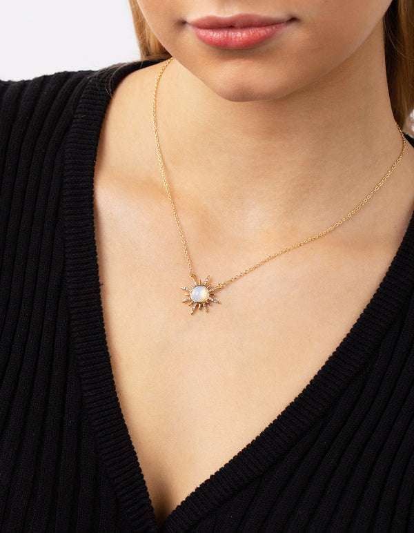 Real Gold Plated Diamante and Moonstone Sun Necklace