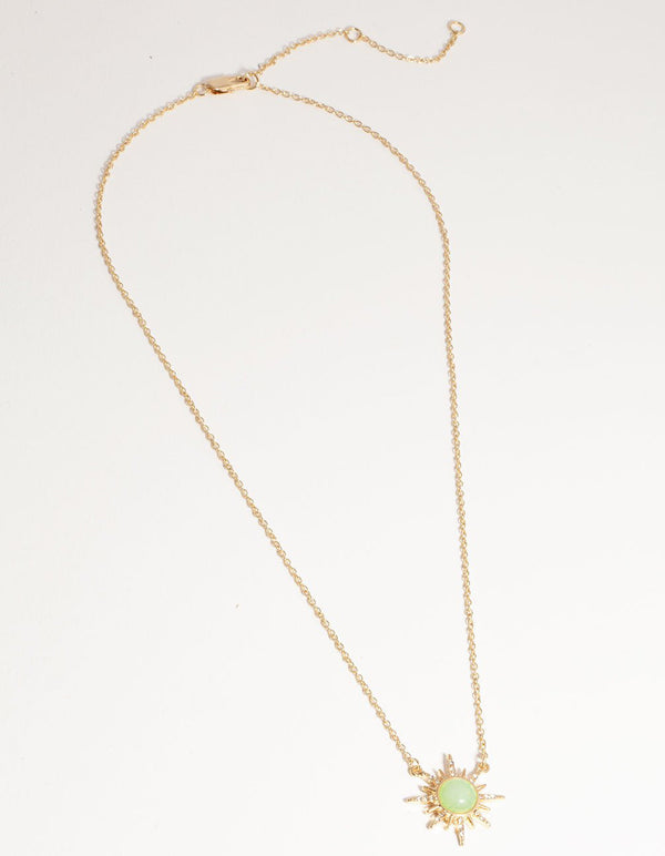 Real Gold Plated Diamante Semi Precious Jade Sun Necklace
