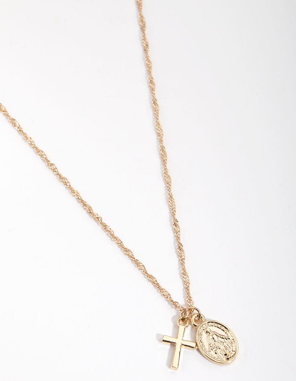 Real Gold Plated Cross and Coin Necklace