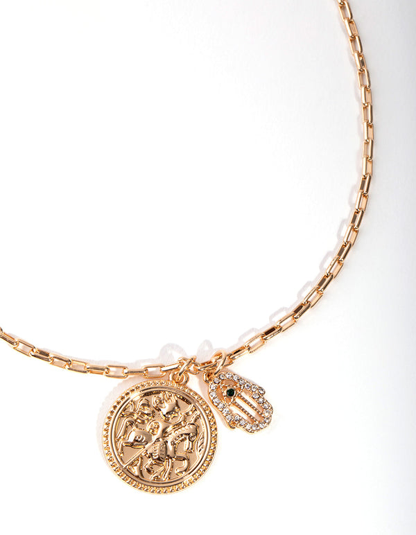 Real Gold Plated Coin and Hamsa Hand Necklace