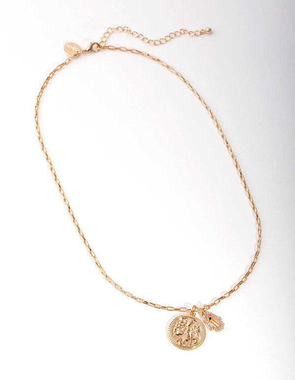 Real Gold Plated Coin and Hamsa Hand Necklace