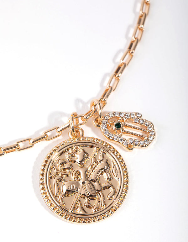Real Gold Plated Coin and Hamsa Hand Necklace