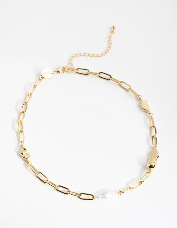 Real Gold Plated Rectangle Link Freshwater Pearl Necklace