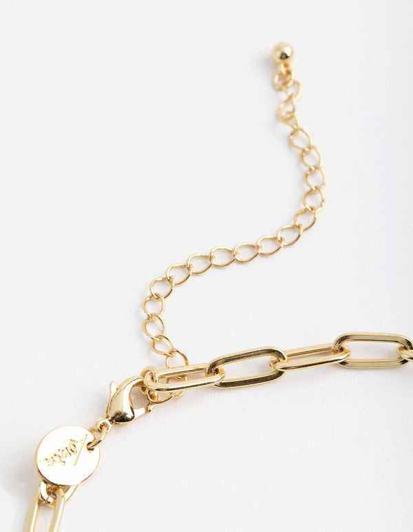 Real Gold Plated Rectangle Link Freshwater Pearl Necklace
