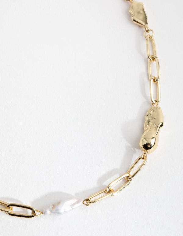 Real Gold Plated Rectangle Link Freshwater Pearl Necklace