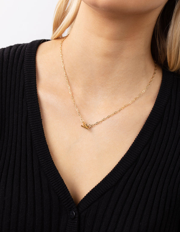 Real Gold Plated Thin Chain T&O Bar Necklace