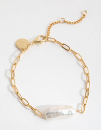 Real Gold Plated Link Chain Long Freshwater Pearl Bracelet - link has visual effect only