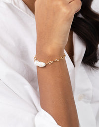 Real Gold Plated Link Chain Long Freshwater Pearl Bracelet - link has visual effect only