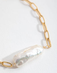 Real Gold Plated Link Chain Long Freshwater Pearl Bracelet - link has visual effect only