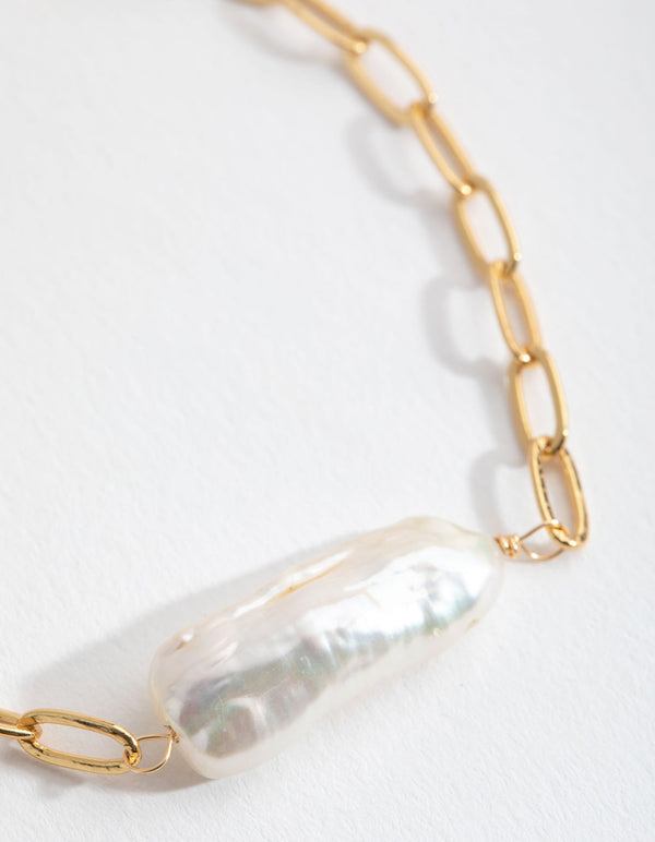 Real Gold Plated Link Chain Long Freshwater Pearl Bracelet