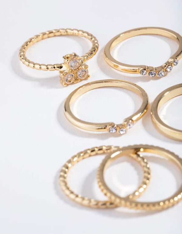 Real Gold Plated Diamante and Plain Rings 6-Pack