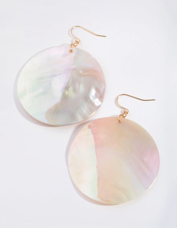Gold Shell Disc Drop Earrings