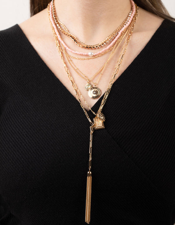 Gold Tassel Pendant 8-Row Necklace