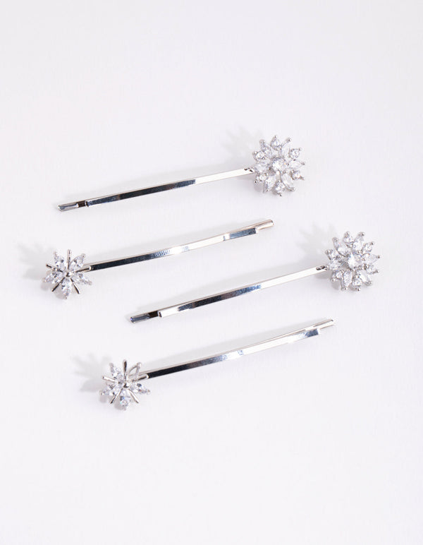 Silver Cubic Zirconia Flower Mix 4-Pack Clip