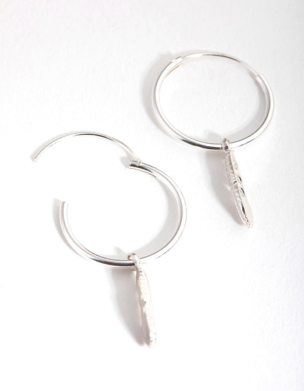 Sterling Silver Leaf Charm Hoop Earrings