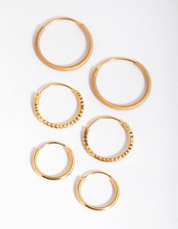 Real Gold Plated Sterling Silver Mix Texture Hoop 3-Pack Earring