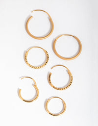 Real Gold Plated Sterling Silver Mix Texture Hoop 3-Pack Earring - link has visual effect only