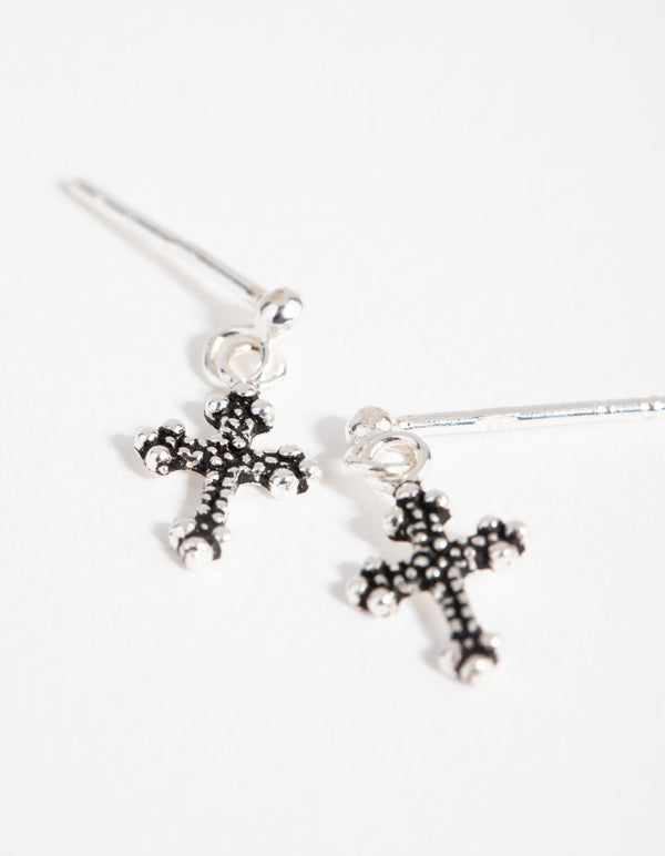 Sterling Silver Antique Cross Drop Earrings