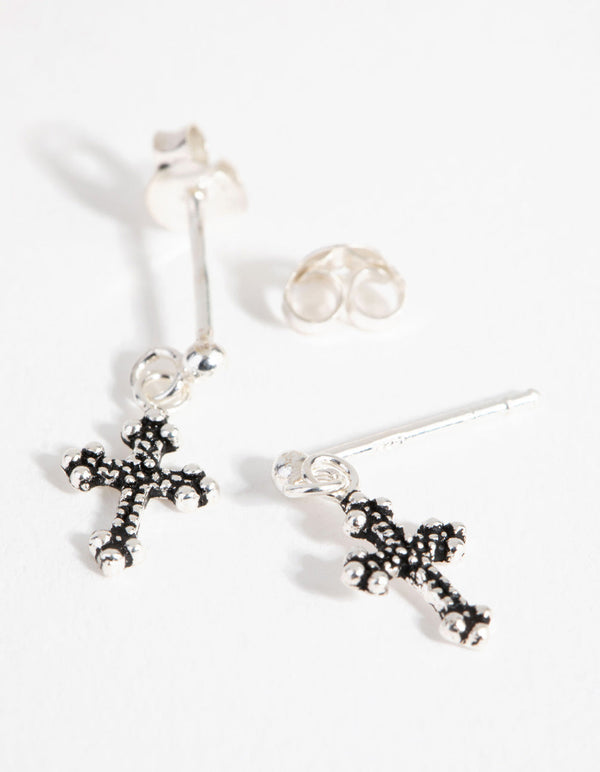 Sterling Silver Antique Cross Drop Earrings