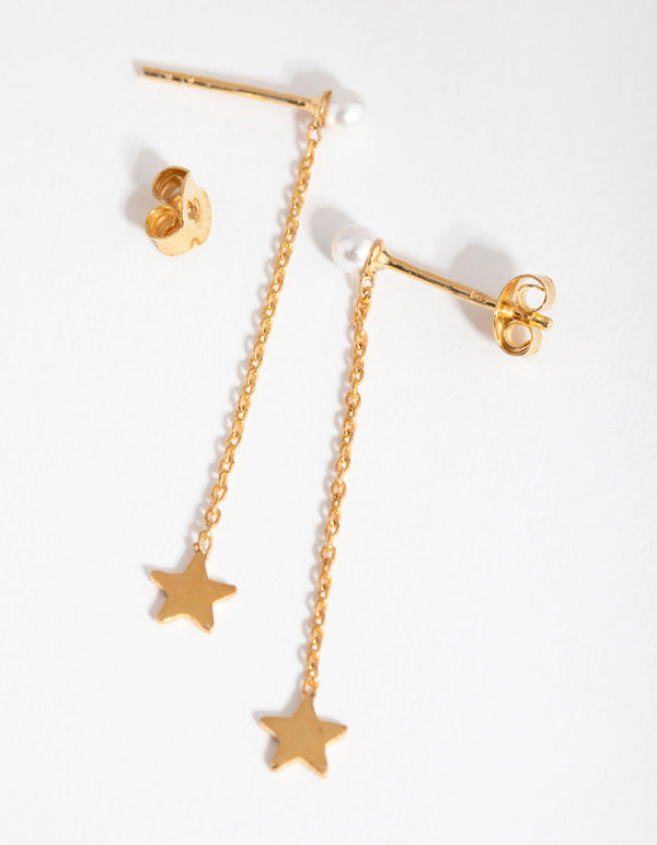 Gold Plated Sterling Silver Pearl and Star Drop Earrings