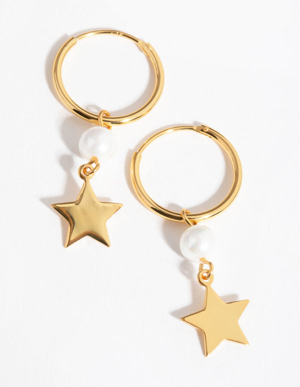 Gold Plated Sterling Silver Pearl Star Drop Earrings