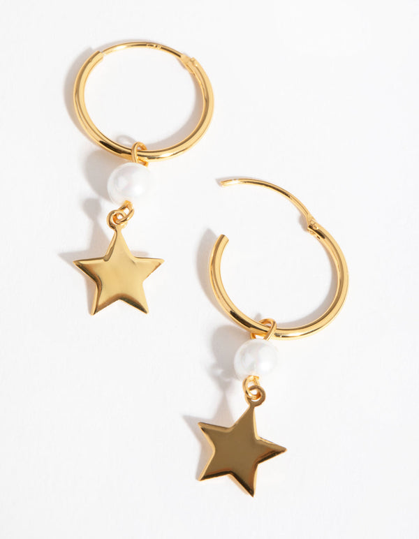 Gold Plated Sterling Silver Pearl Star Drop Earrings
