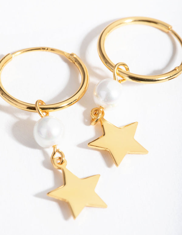 Gold Plated Sterling Silver Pearl Star Drop Earrings