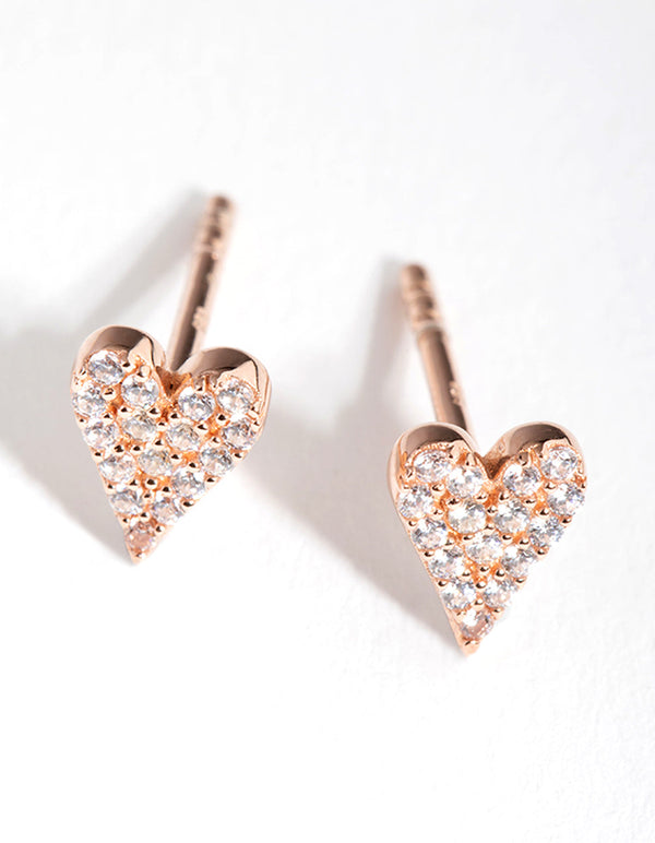 Sterling Silver Rose Gold Pave Heart Stud Earrings