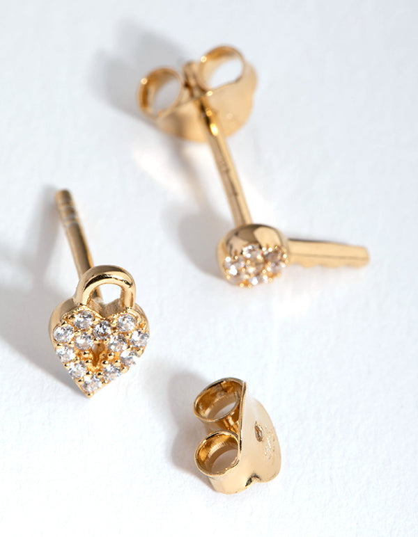 Gold Plated Sterling Silver Lock and Key Stud Earrings