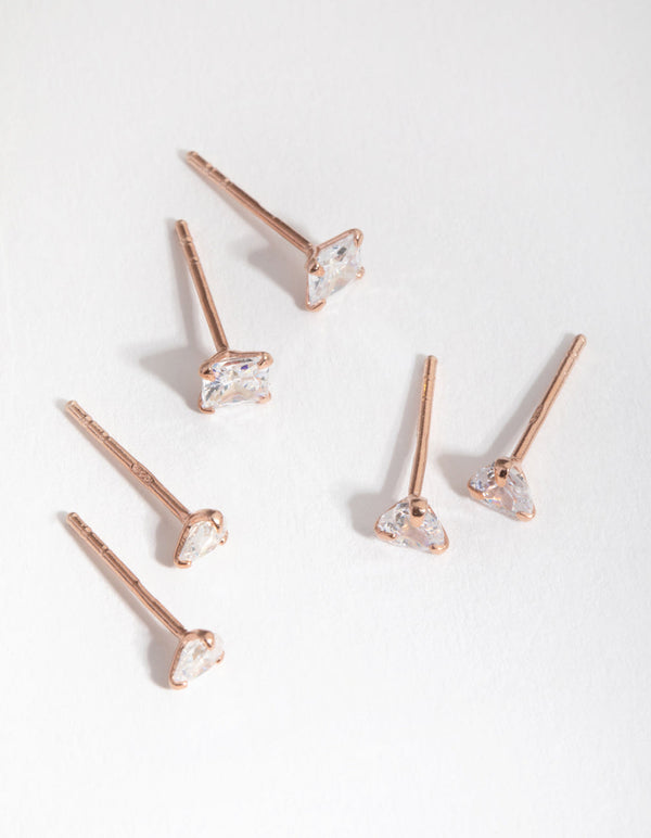 Sterling Silver Rose Gold Statement Cubic Zirconia Stud 3-Pack Earring