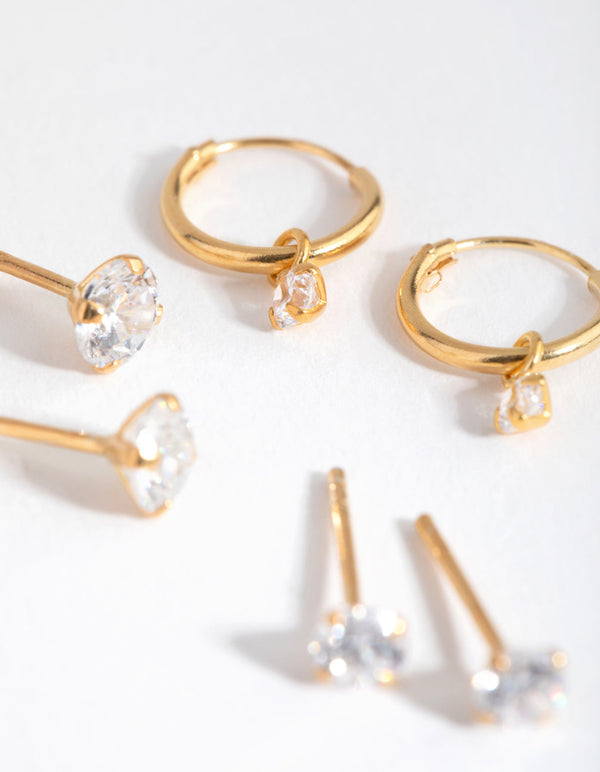 Gold Plated Sterling Silver Cubic Zirconia Stud and Hoop 3-Pack Earring