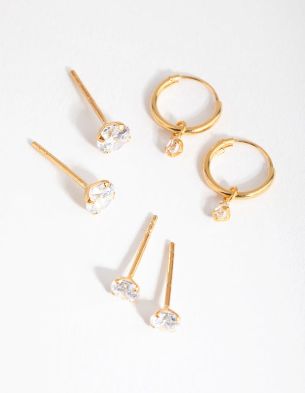 Gold Plated Sterling Silver Cubic Zirconia Stud and Hoop 3-Pack Earring