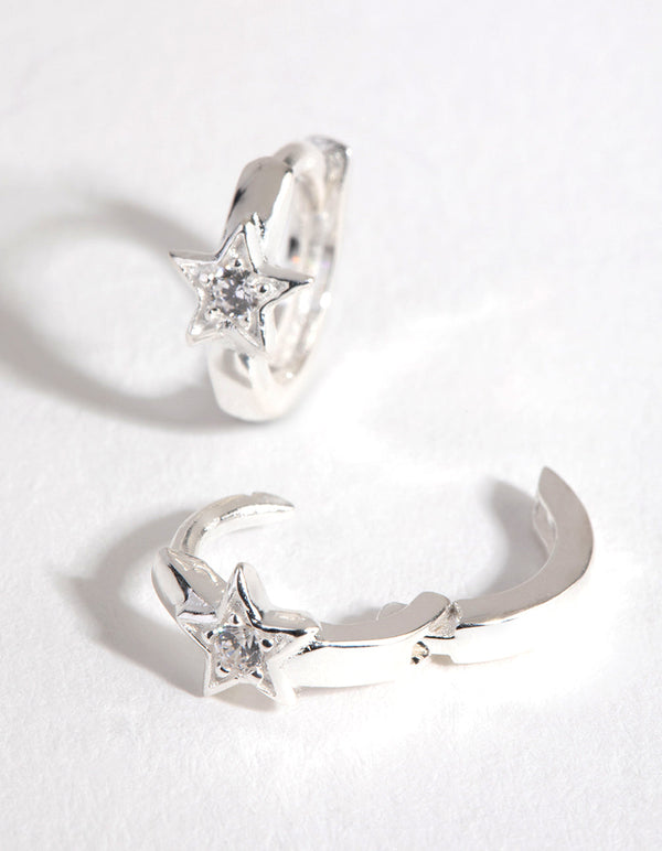 Sterling Silver Diamond Cut Star Huggie Earrings