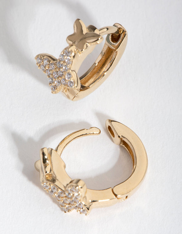 Gold Plated Sterling Silver Cubic Zirconia Butterfly Huggie Earrings